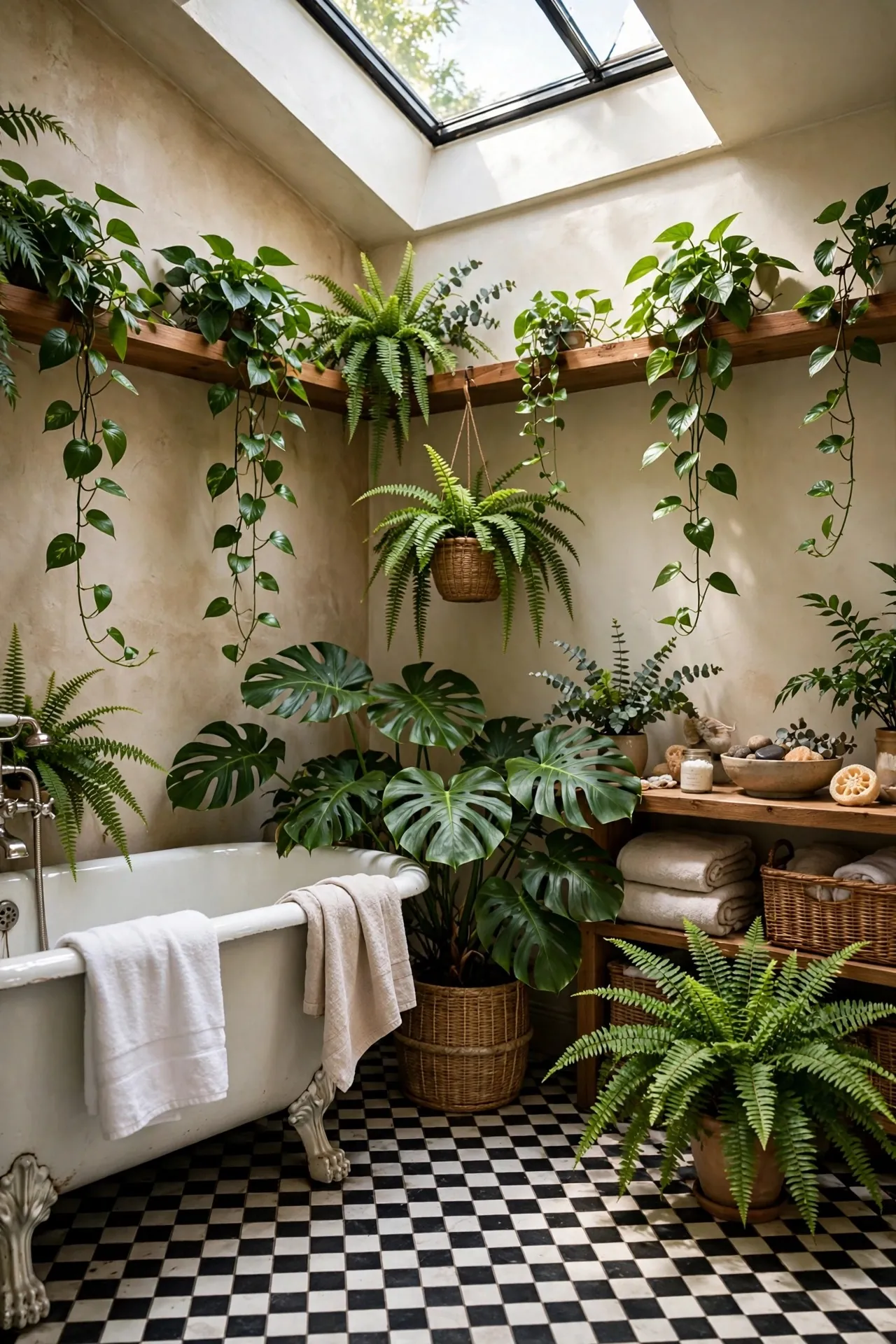 Bathroom filled with plants, ferns and a clawfoot tub