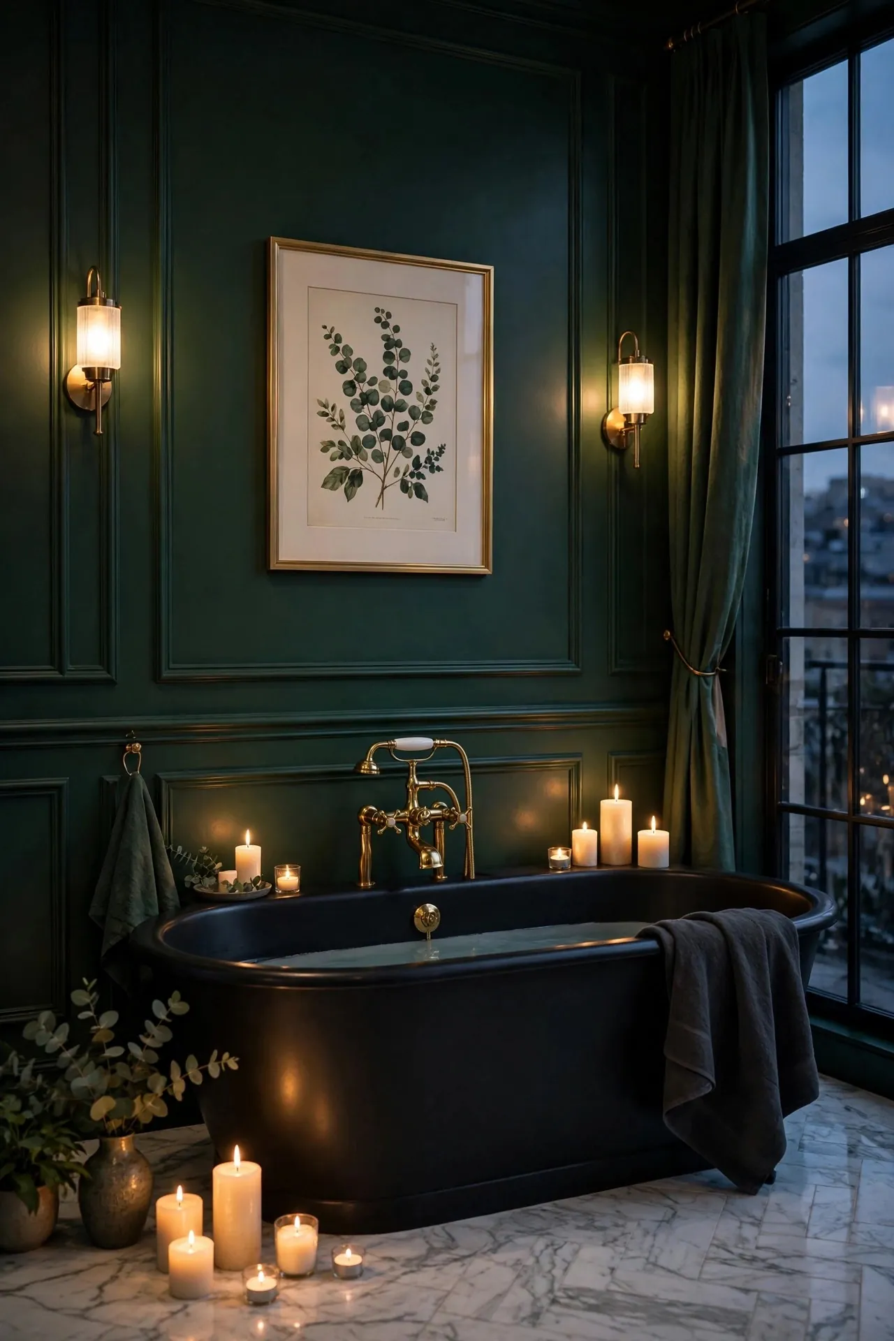 Moody dark green bathroom with gold accents and framed art