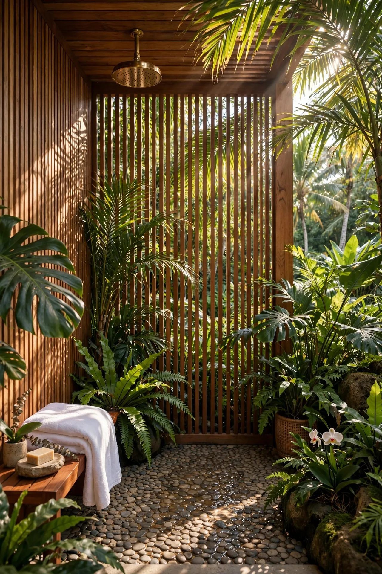 Outdoor shower with wooden slats and tropical plants