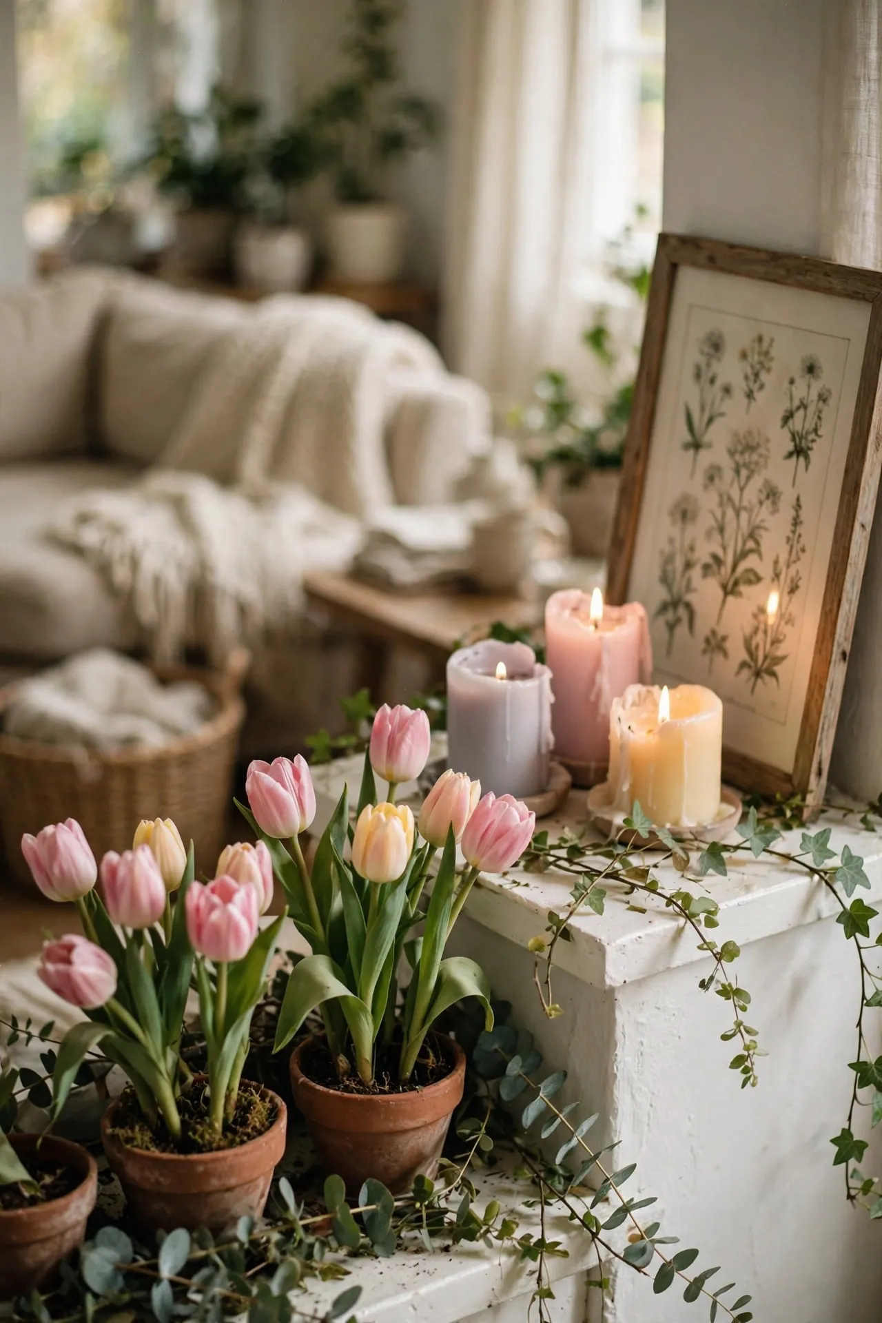 Spring mantel with tulips, greenery and candles