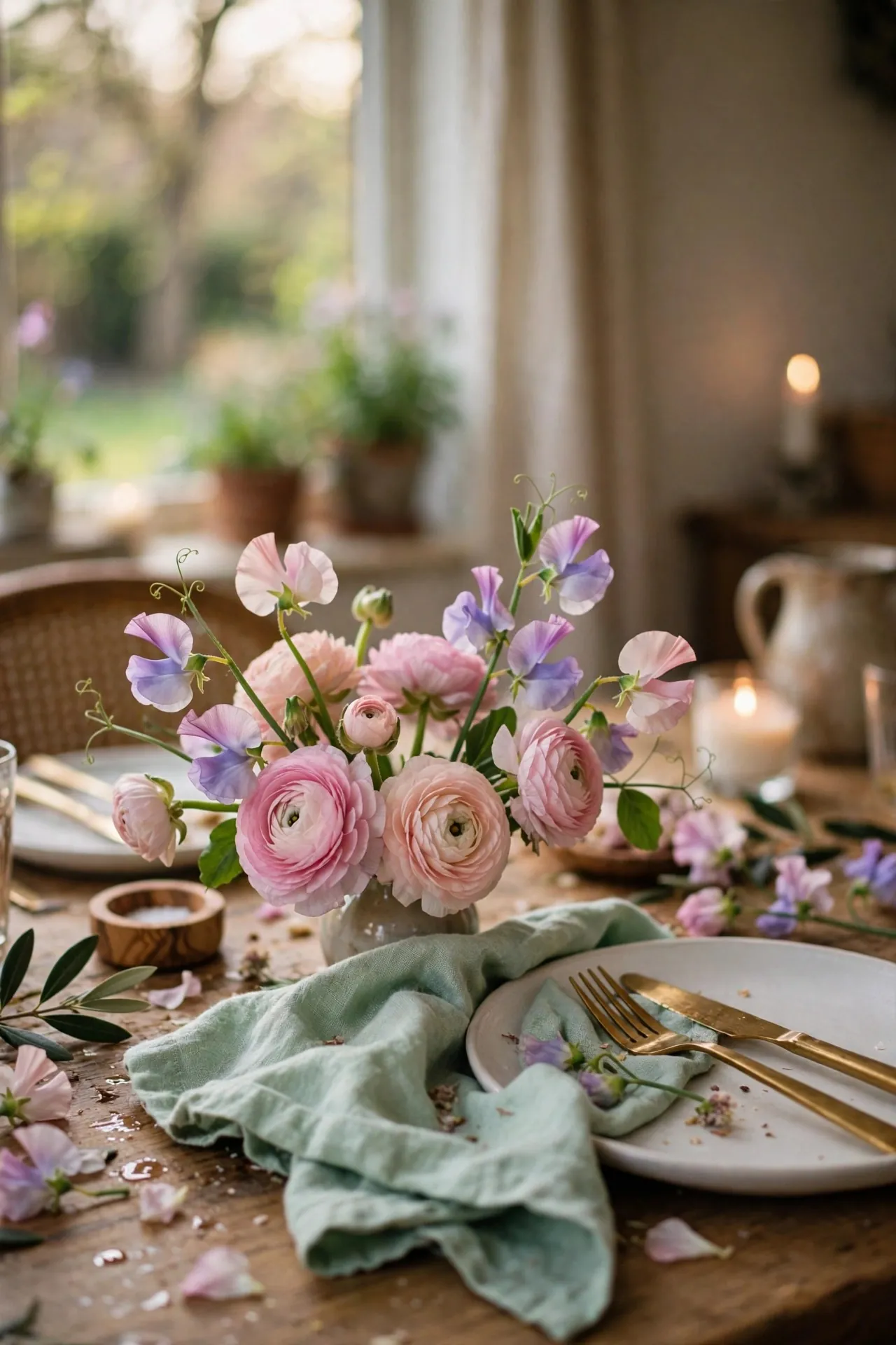 Spring dinner table with ranunculus and pastel linens