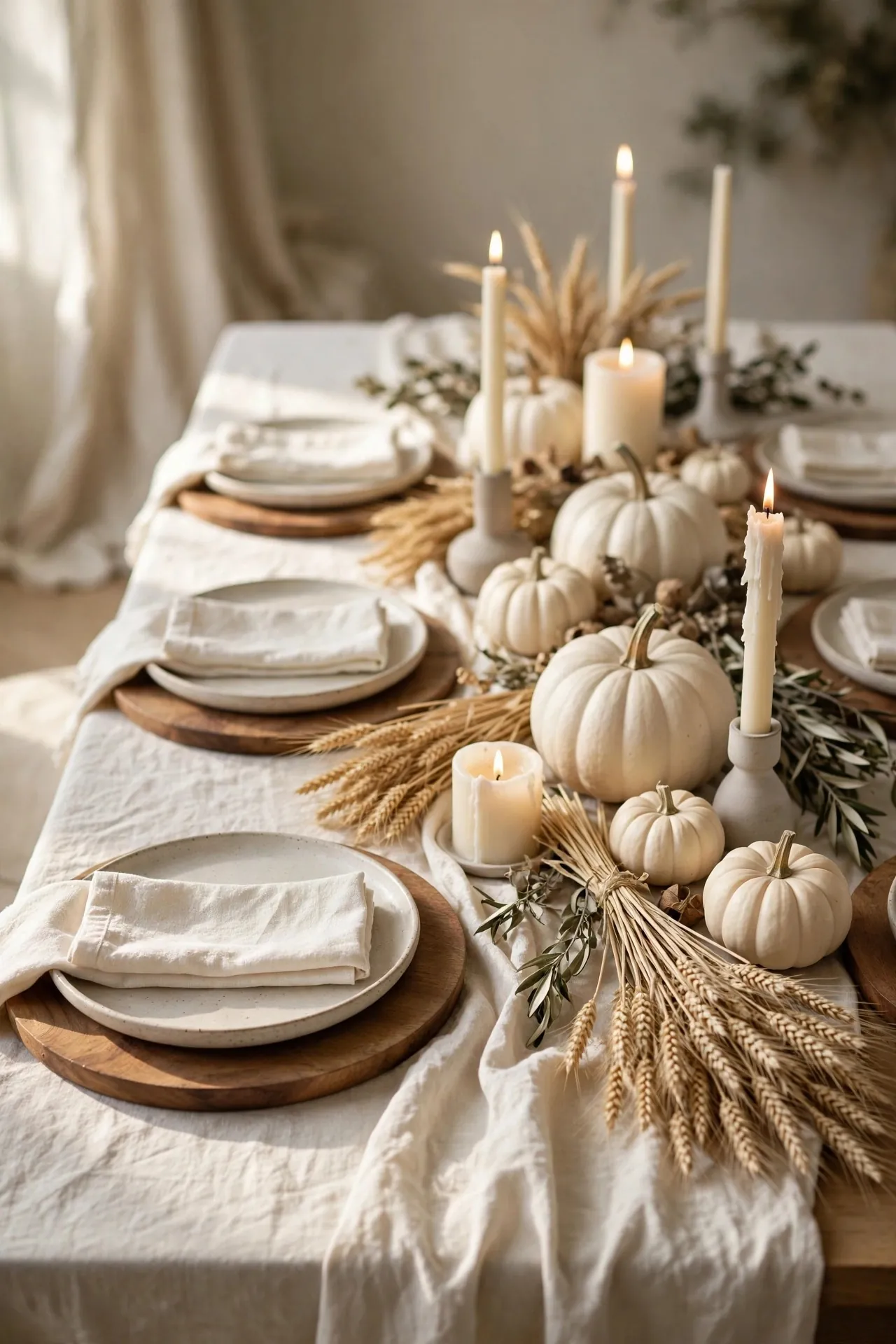 Neutral Thanksgiving table with white pumpkins and linen