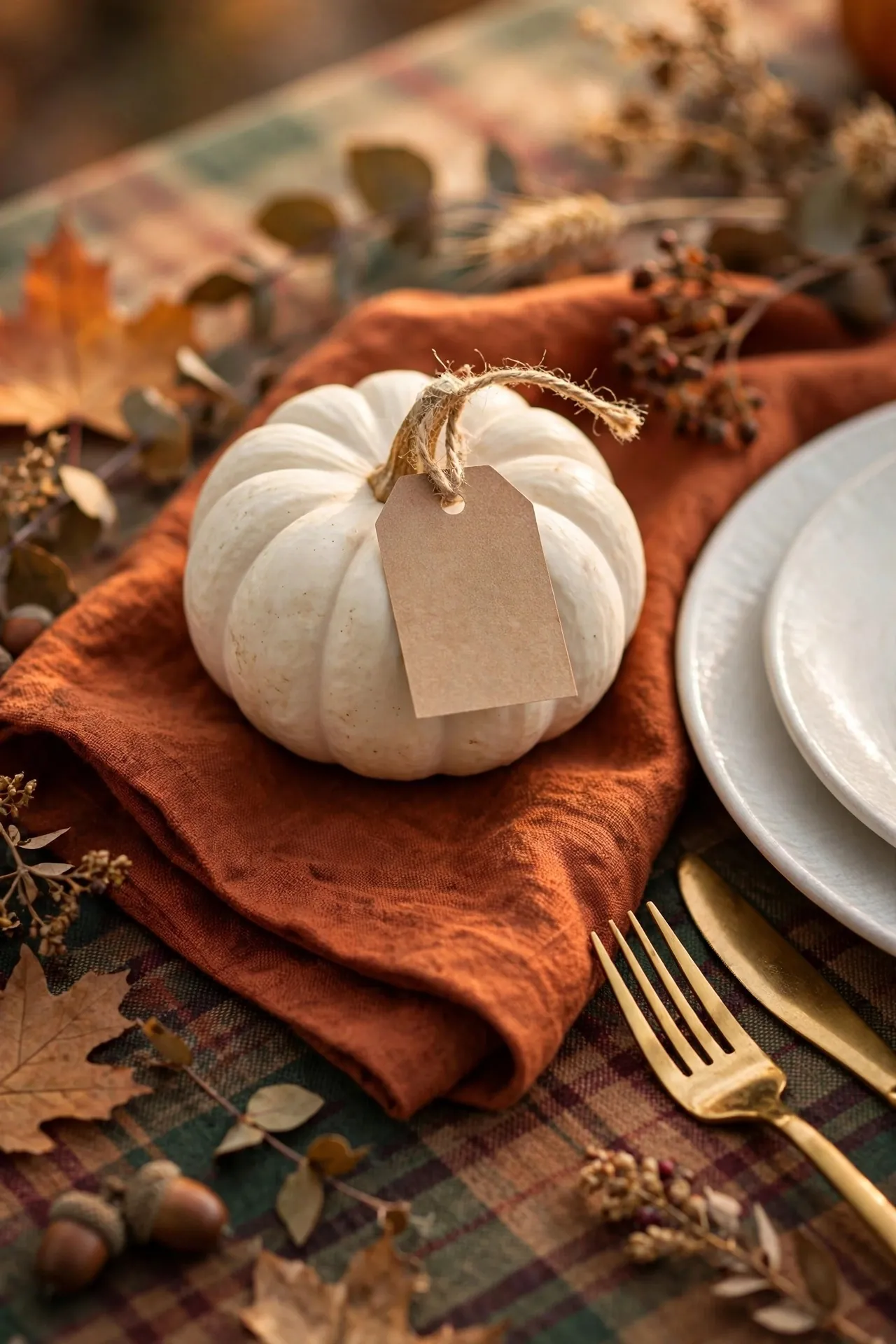 Thanksgiving place setting with a name card on a mini pumpkin