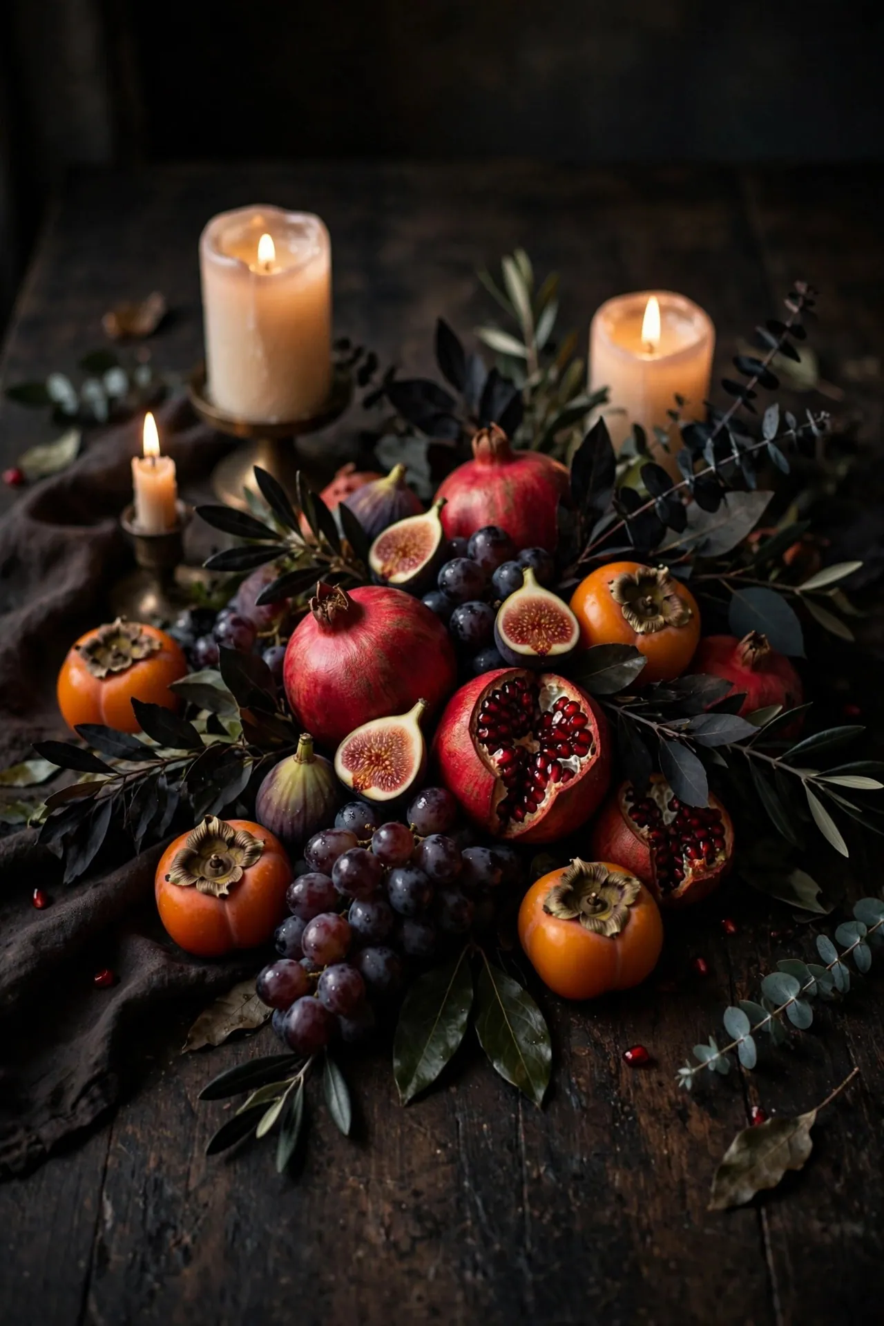 Thanksgiving table centerpiece of pomegranates, grapes and figs
