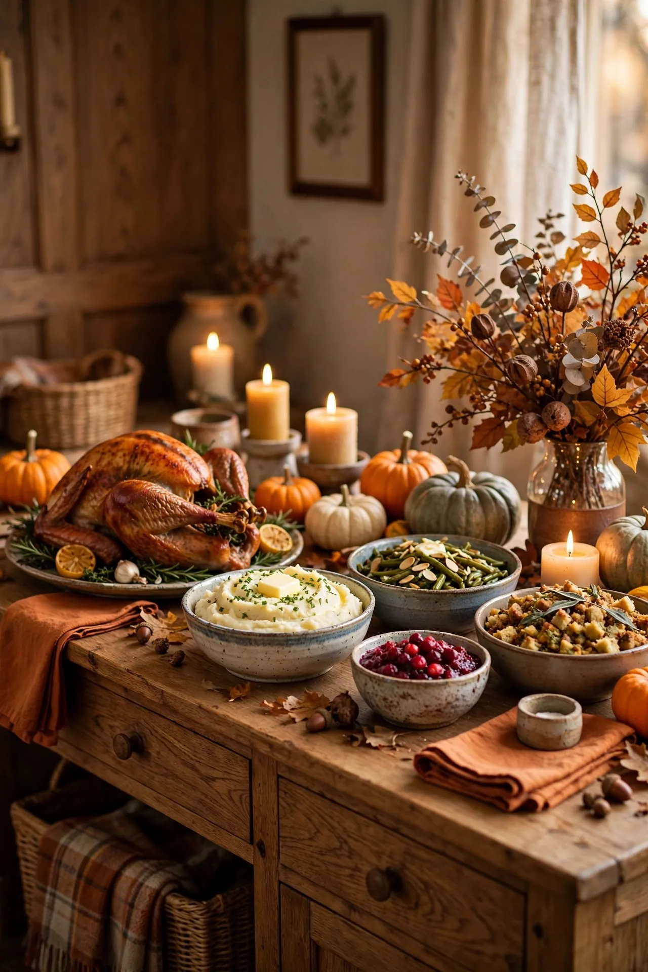 Thanksgiving buffet sideboard with dishes, pumpkins and candles