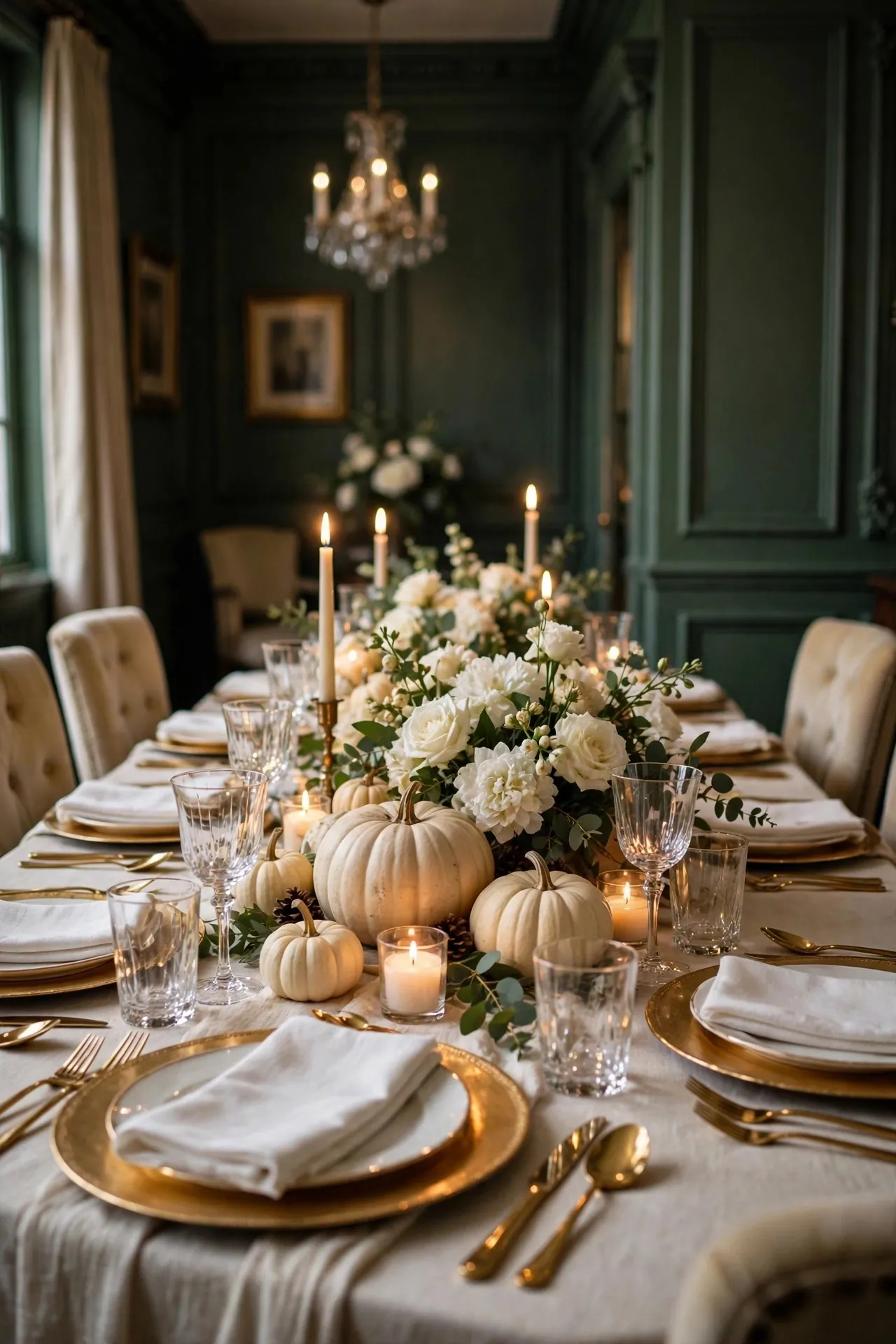 Elegant Thanksgiving table with gold chargers and white florals